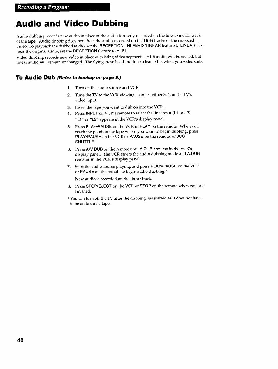 Audio and video dubbing, Recording a program | RCA VR725HF User Manual | Page 42 / 56