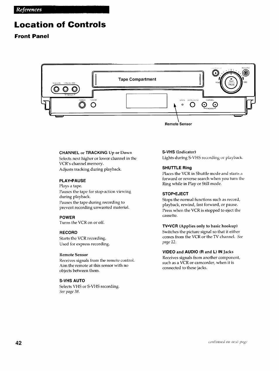 Location of controls, Front panel, Channel or tracking up or down | Play»pause, Power, Record, Remote sensor, S-vhs auto, Stop»eject, Tv'vcr (applies only to basic hookup) | RCA VR725HF User Manual | Page 44 / 56