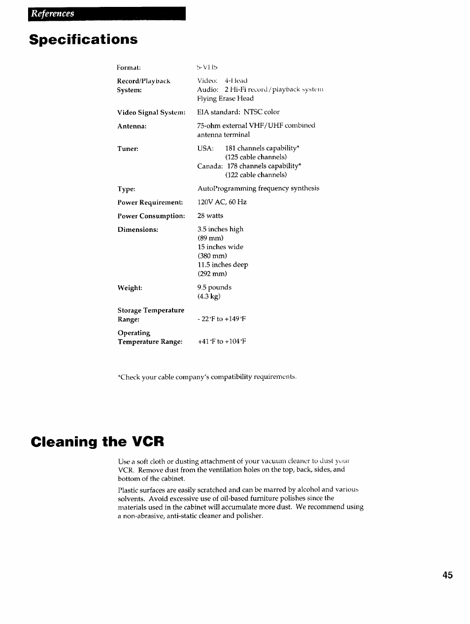 Specifications, Cleaning the vcr, References | RCA VR725HF User Manual | Page 47 / 56