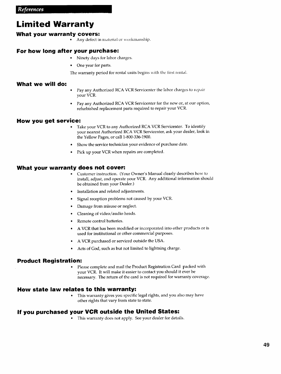 Limited warranty, References | RCA VR725HF User Manual | Page 51 / 56