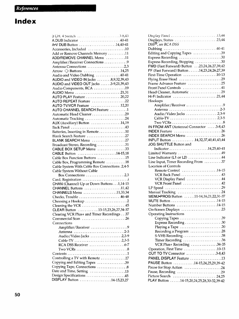 Index, References | RCA VR725HF User Manual | Page 52 / 56