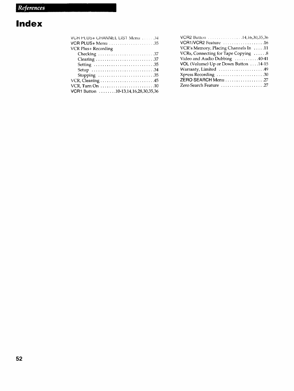 Index, References | RCA VR725HF User Manual | Page 54 / 56