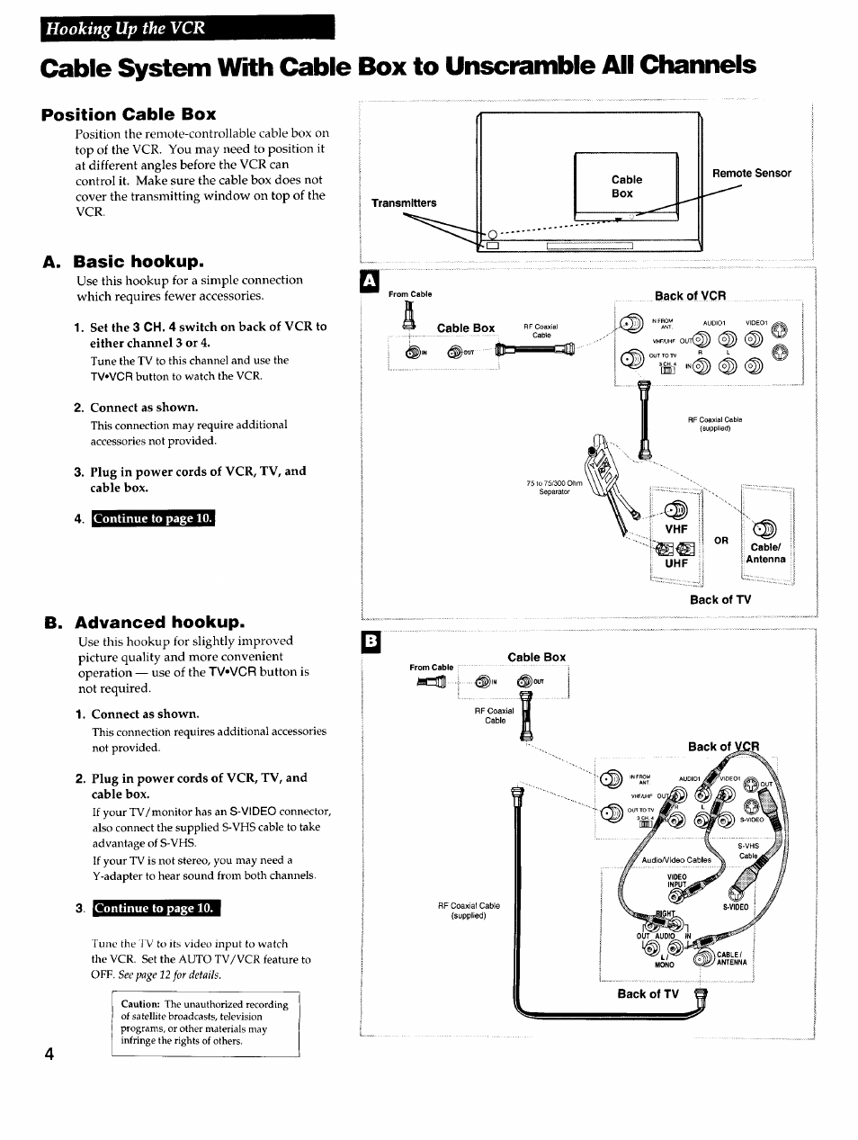 Position cable box, A. basic hookup, Connect as shown | Plug in power cords of vcr, tv, and cable box, Advanced hookup, Hooking up the vcr | RCA VR725HF User Manual | Page 6 / 56