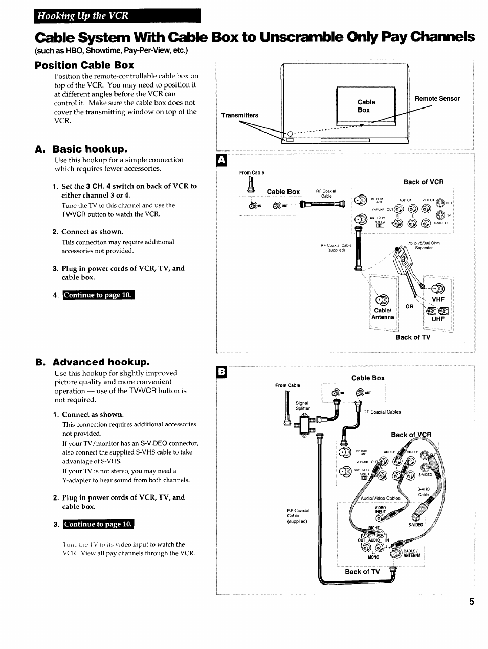 Position cable box, A. basic hookup, Connect as shown | Plug in power cords of vcr, tv, and cable box, Advanced hookup, Cable box coaxial, Back of vcr, Hooking up the vcr, B. advanced hookup | RCA VR725HF User Manual | Page 7 / 56