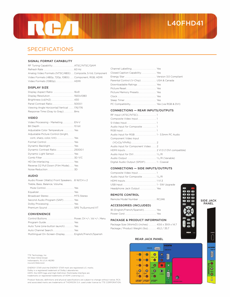 L40fhd41, Specifications | RCA L40FHD41 User Manual | Page 2 / 2
