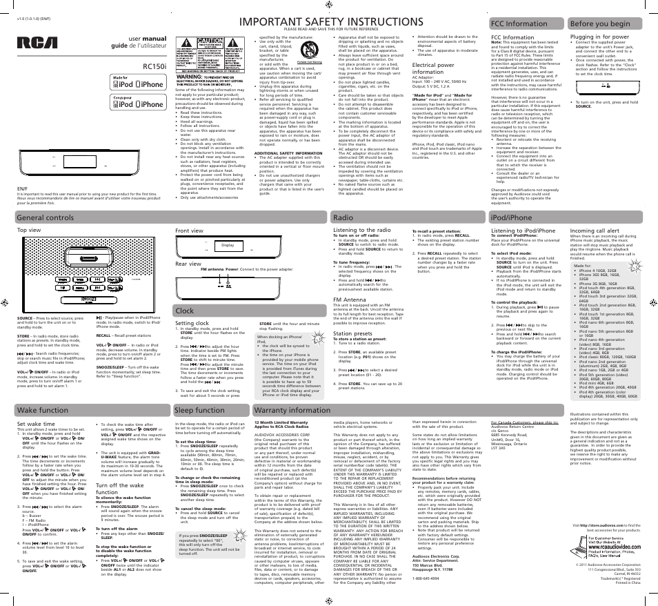 RCA RC150I User Manual | 1 page