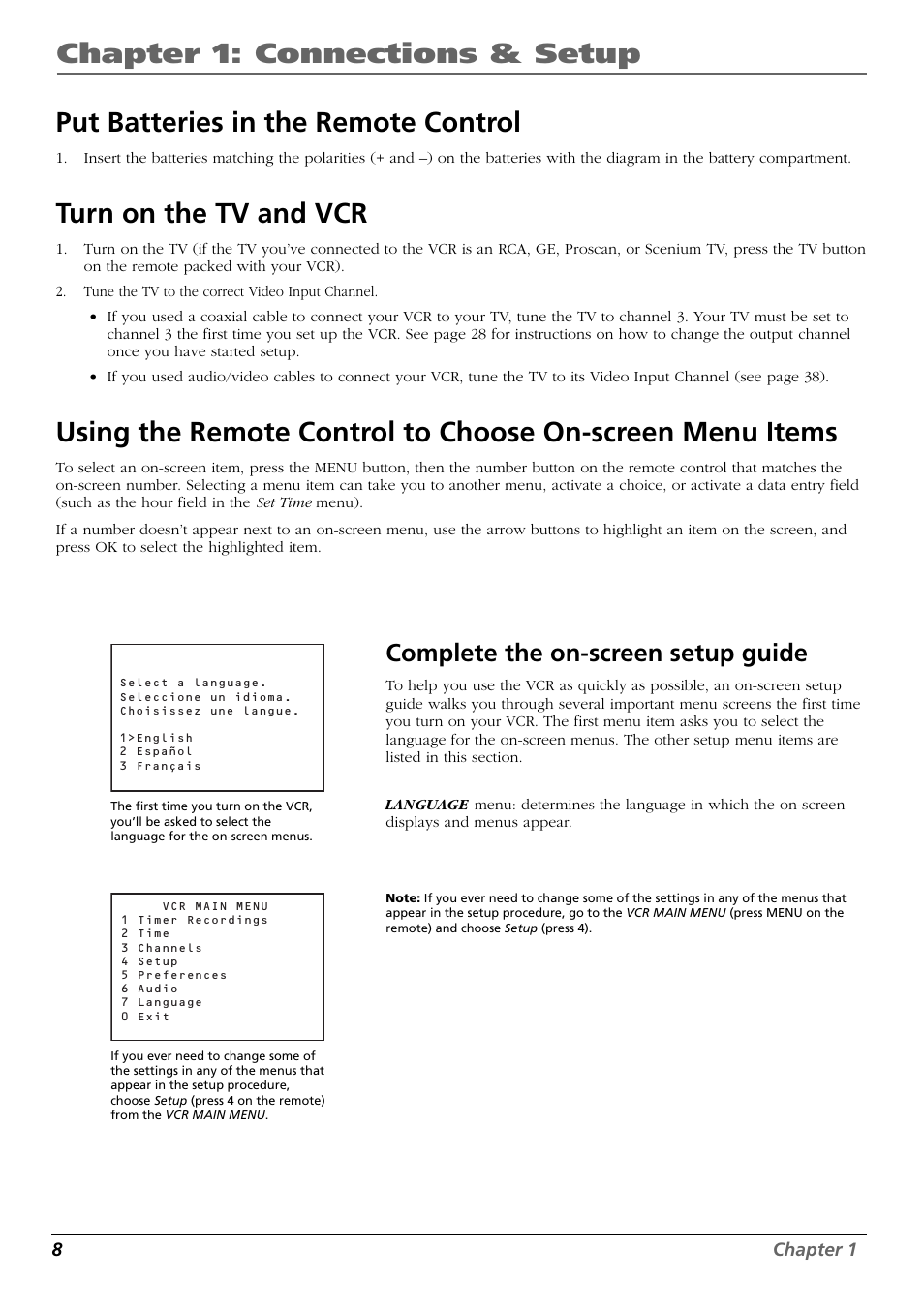 Put batteries in the remote control, Turn on the tv and vcr, Complete the on-screen setup guide | Chapter 1: connections & setup | RCA VR648HF User Manual | Page 10 / 42