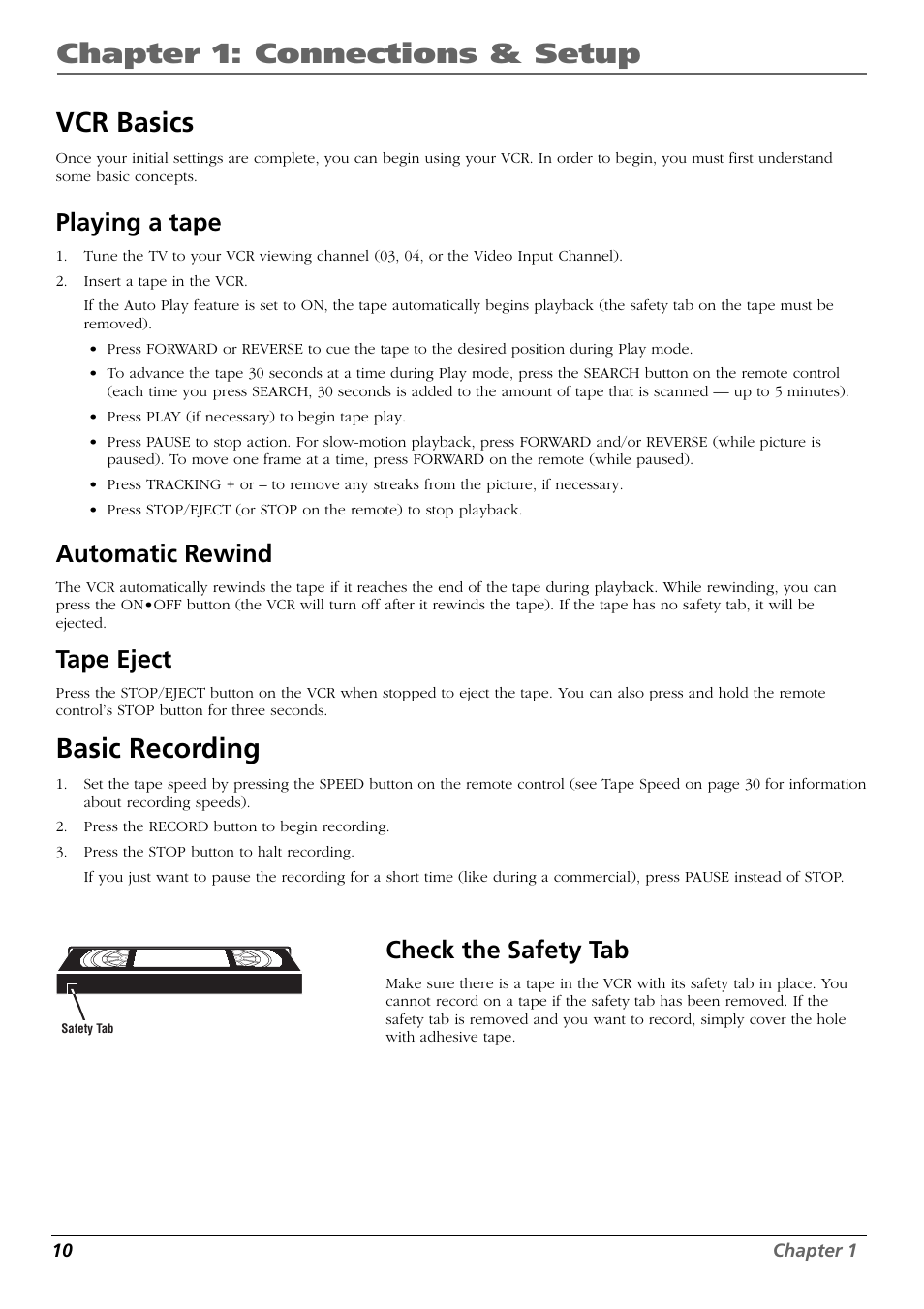 Vcr basics, Playing a tape, Automatic rewind | Tape eject, Basic recording, Check the safety tab, Playing a tape automatic rewind tape eject, Chapter 1: connections & setup | RCA VR648HF User Manual | Page 12 / 42