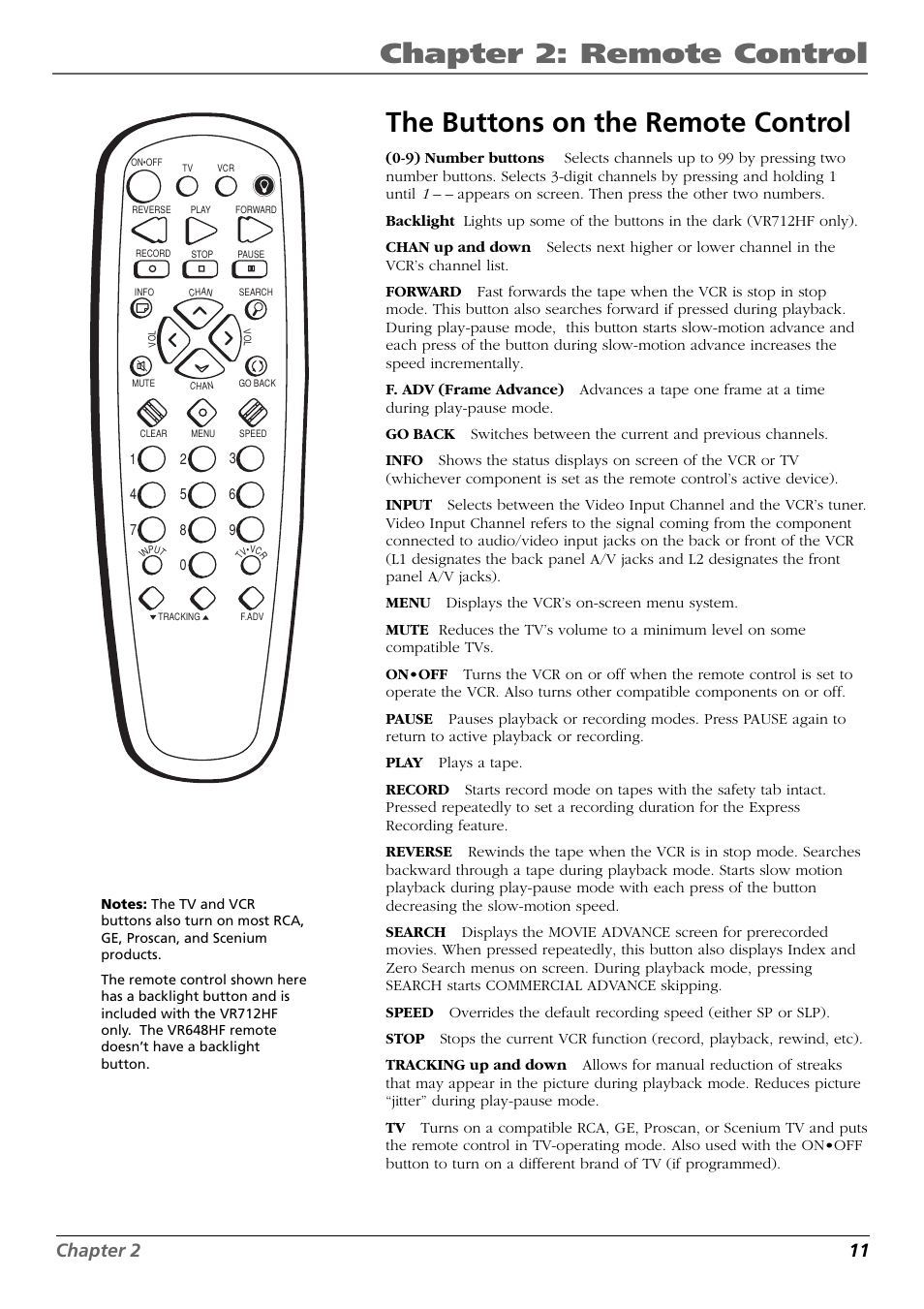 The buttons on the remote control, Chapter 2: remote control, Chapter 2 11 | RCA VR648HF User Manual | Page 13 / 42