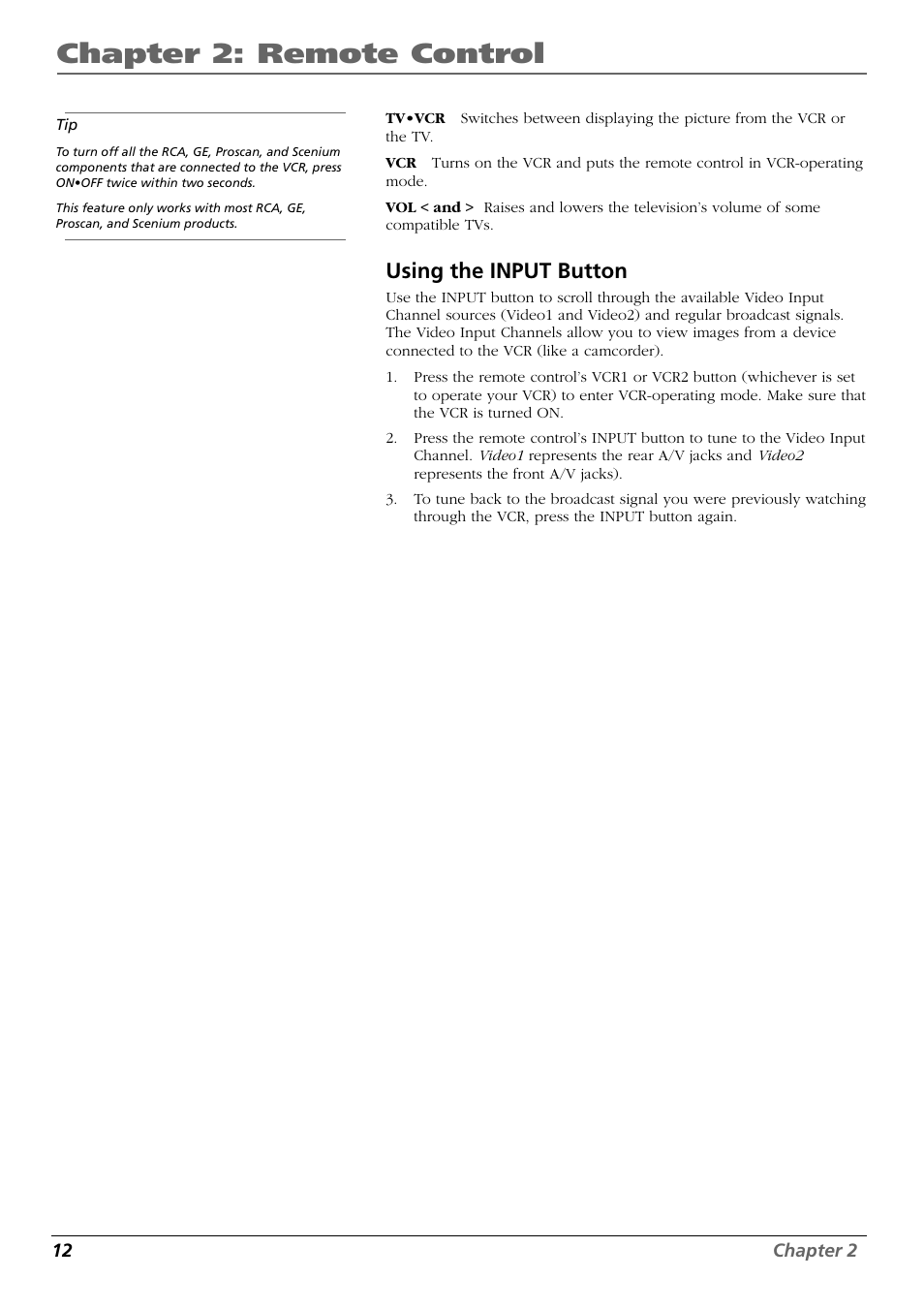 Using the input button, Chapter 2: remote control | RCA VR648HF User Manual | Page 14 / 42