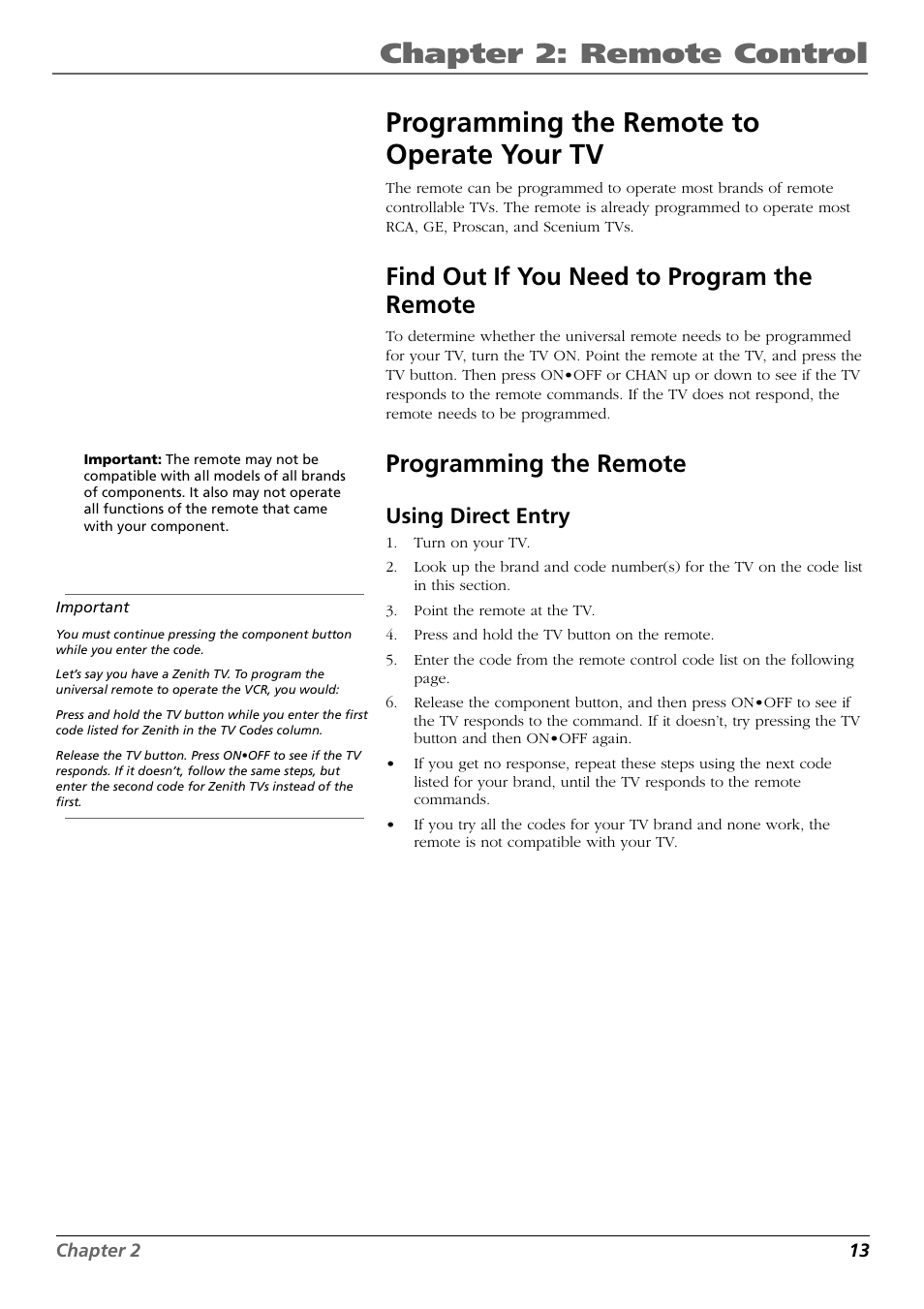 Programming the remote to operate other components, Find out if you need to program the remote, Programming the remote | Using automatic code search, Chapter 2: remote control, Programming the remote to operate your tv, Using direct entry | RCA VR648HF User Manual | Page 15 / 42