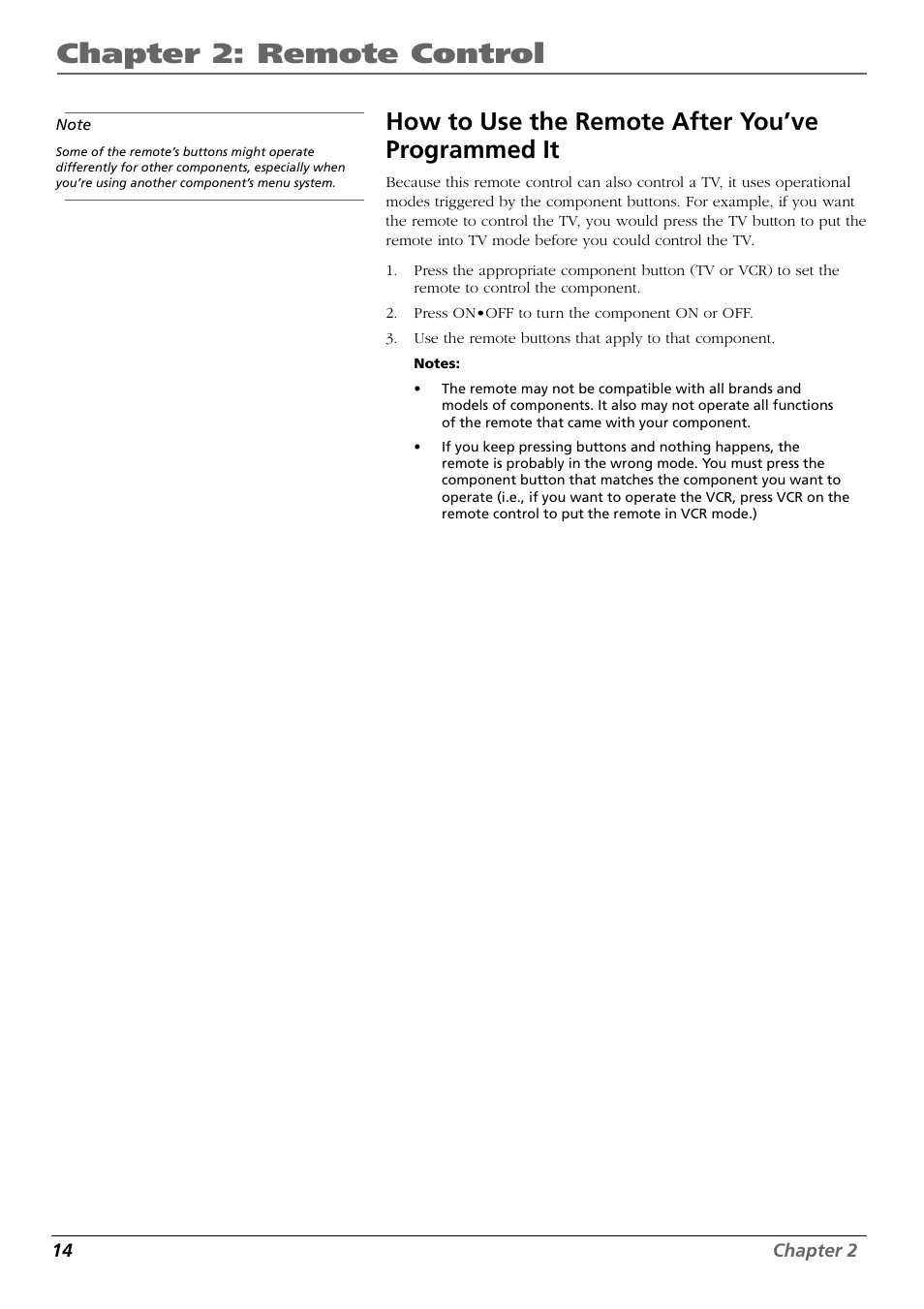 Using direct entry, How to use the remote after you’ve programmed it, Chapter 2: remote control | RCA VR648HF User Manual | Page 16 / 42