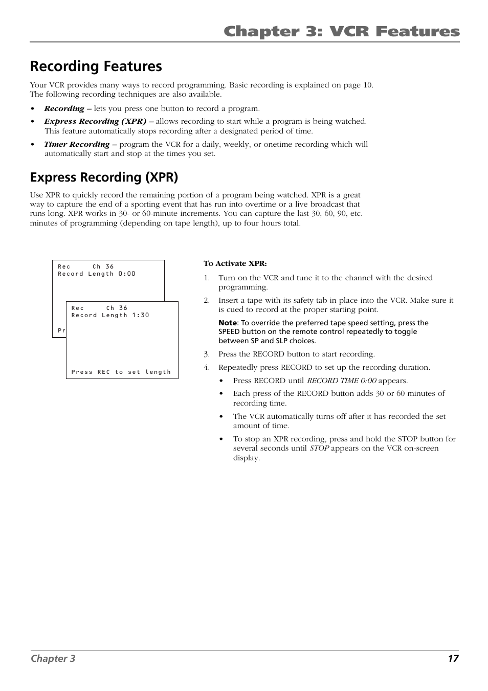 Recording features, Express recording (xpr), Chapter 3: vcr features | RCA VR648HF User Manual | Page 19 / 42