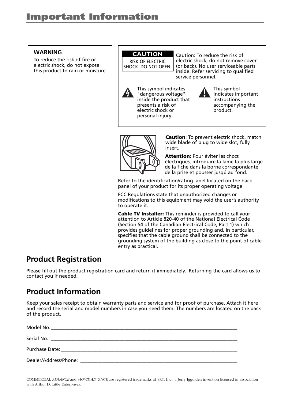 Important information, Product registration, Product information | RCA VR648HF User Manual | Page 2 / 42