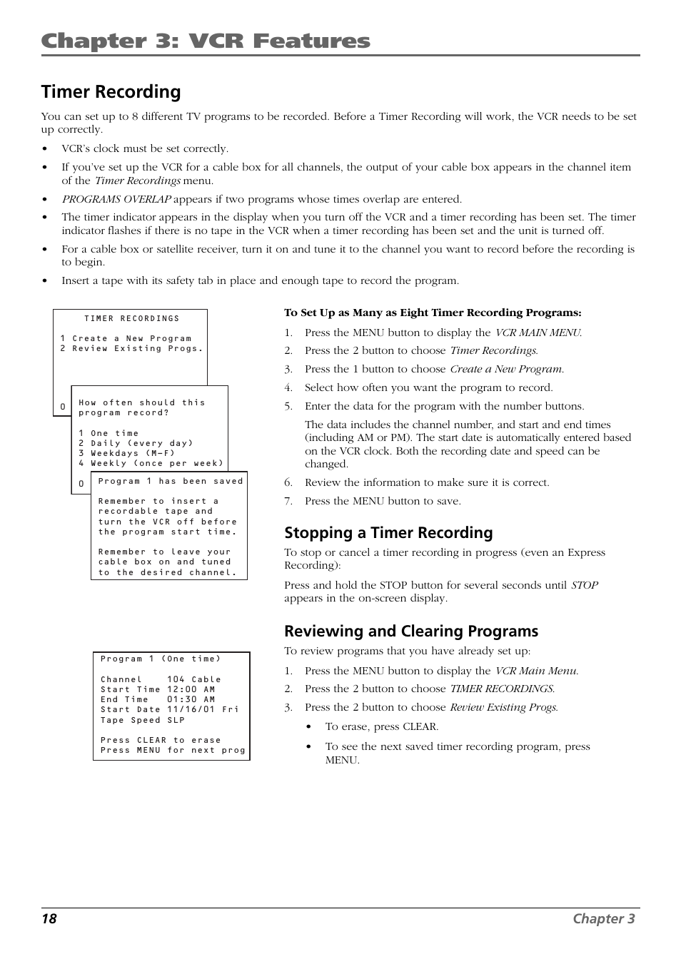 Timer recording, Stopping a timer recording, Reviewing and clearing programs | Chapter 3: vcr features | RCA VR648HF User Manual | Page 20 / 42
