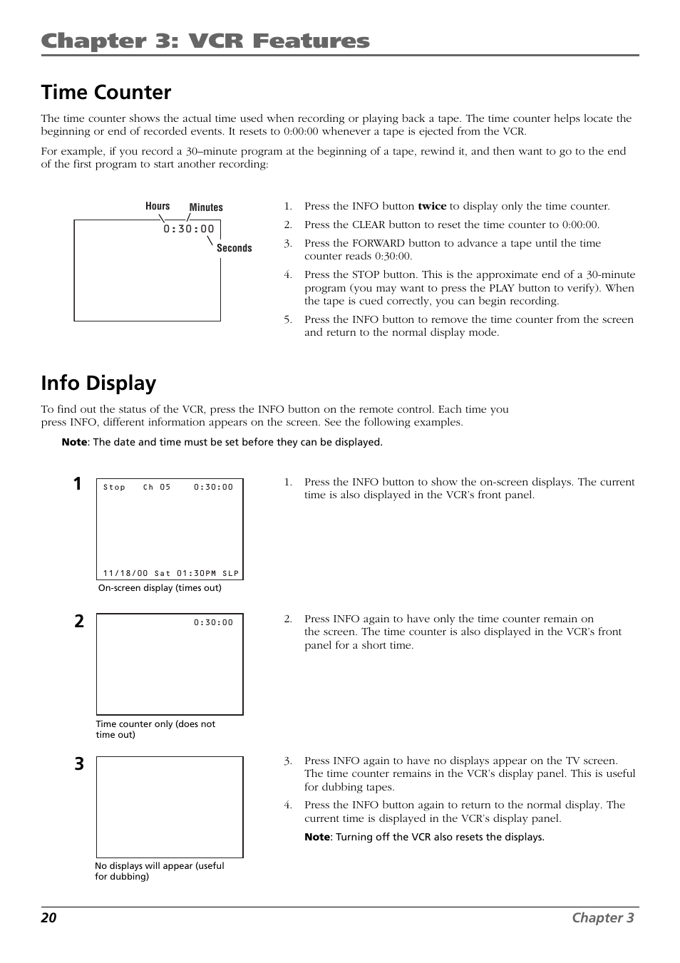 Time counter, Info display, Time counter info display | Chapter 3: vcr features | RCA VR648HF User Manual | Page 22 / 42