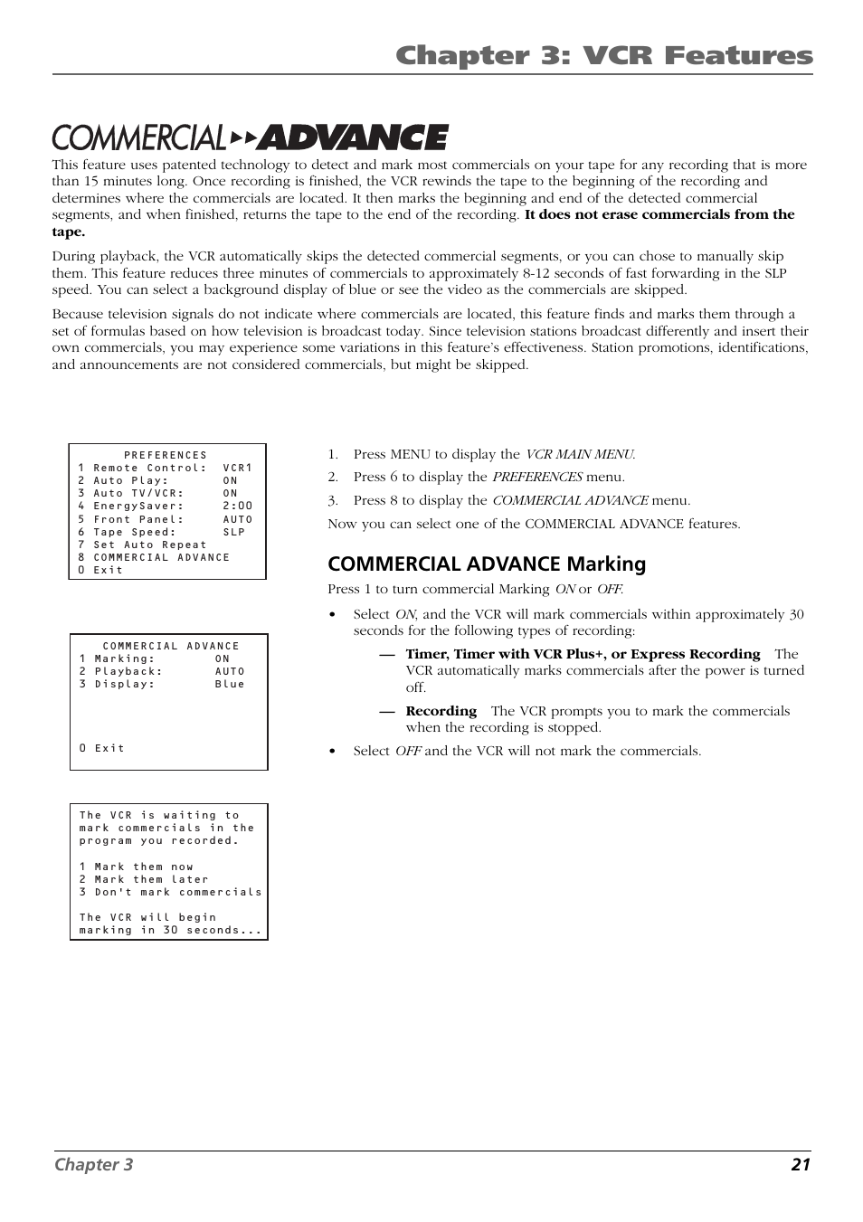 Commercial advance, Commercial advance marking, Chapter 3: vcr features | Chapter 3 21 | RCA VR648HF User Manual | Page 23 / 42