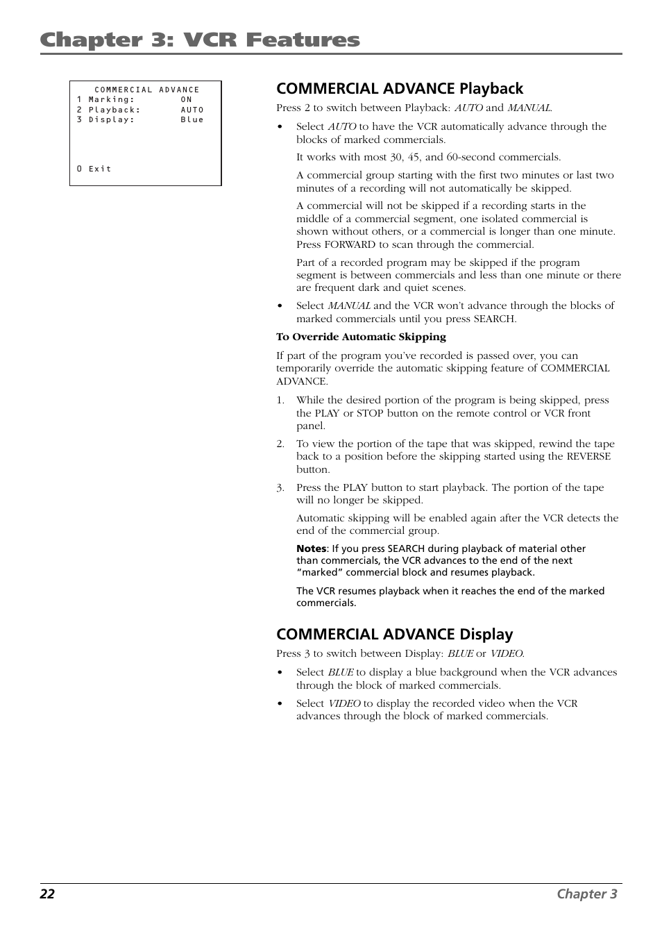 Chapter 3: vcr features, Commercial advance playback, Commercial advance display | RCA VR648HF User Manual | Page 24 / 42