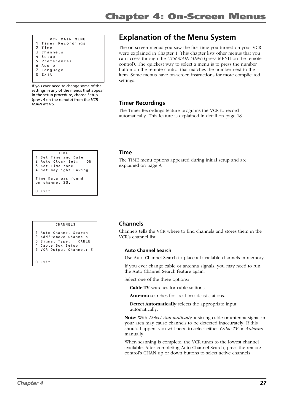 Commercial advance playback, Commercial advance display, Explanation of the menu system | Timer recordings, Time, Channels, Auto channel search, Timer recordings time channels, Chapter 4: on-screen menus | RCA VR648HF User Manual | Page 27 / 42