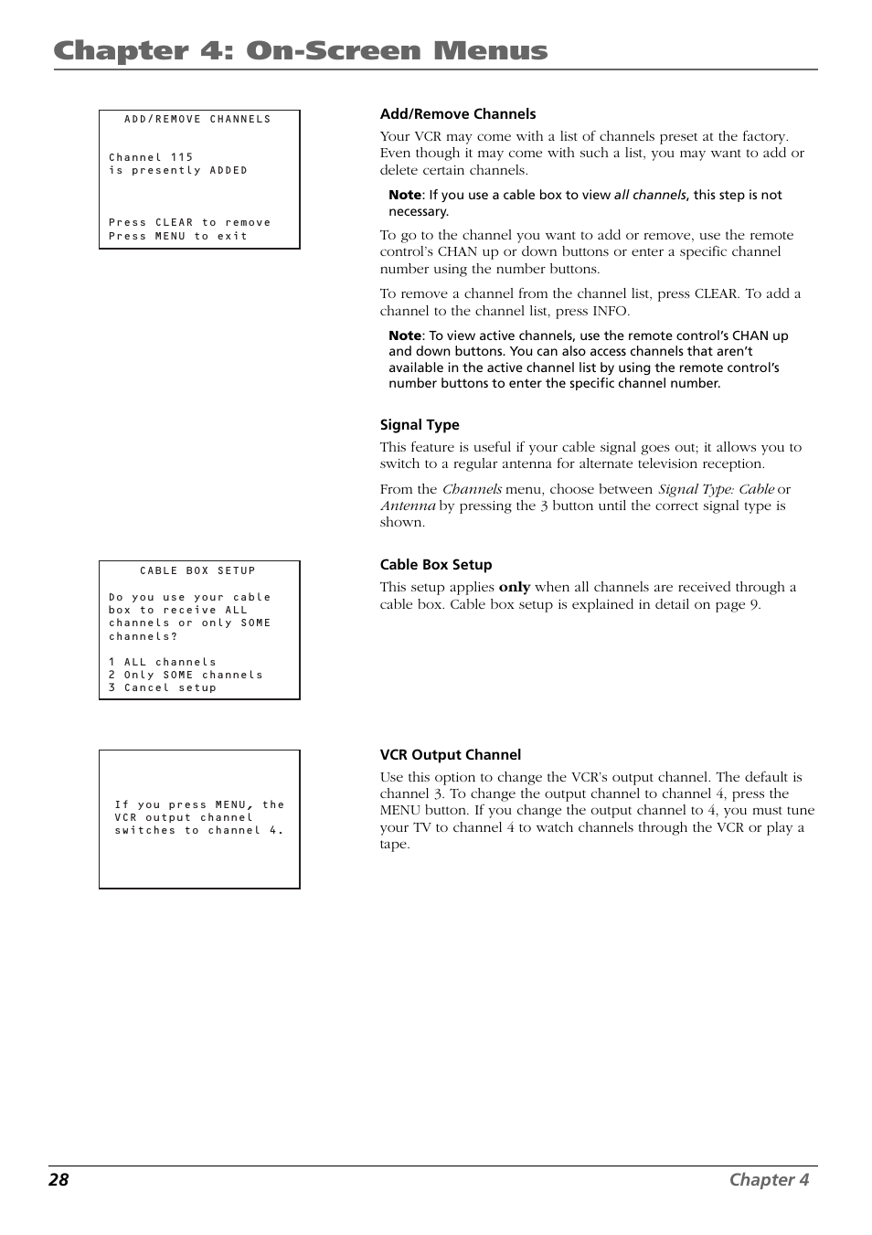 Movie advance, To override the show previews mode, Add/remove channels | Signal type, Cable box setup, Vcr output channel, Chapter 4: on-screen menus, 28 chapter 4 | RCA VR648HF User Manual | Page 28 / 42