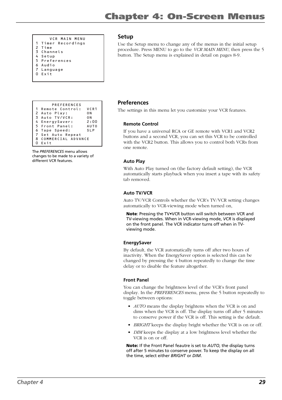 Setup, Preferences, Remote control | Auto play, Auto tv/vcr, Energysaver, Front panel, Setup preferences, Chapter 4: on-screen menus, Chapter 4 29 setup | RCA VR648HF User Manual | Page 29 / 42