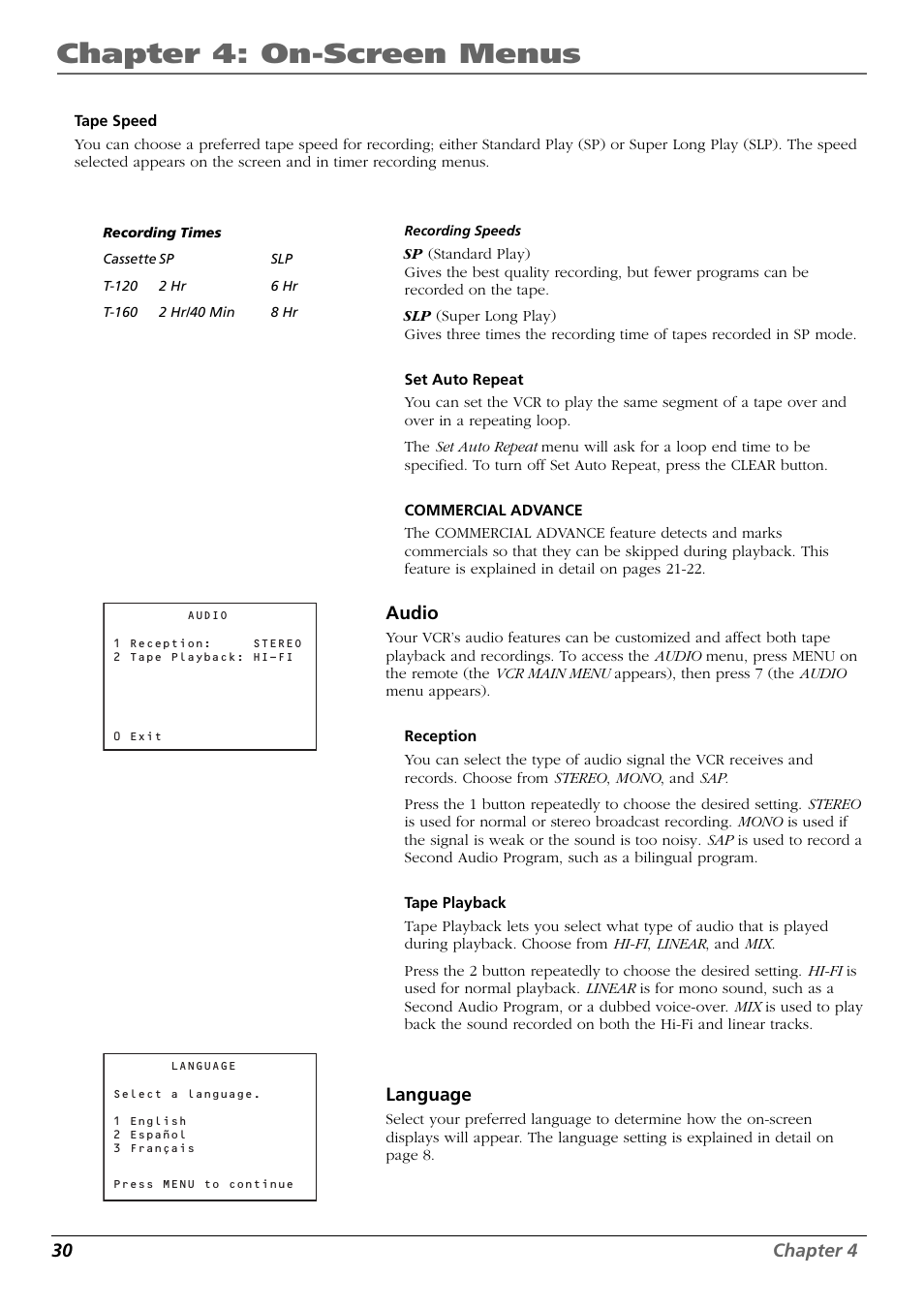 Tape speed, Recording speeds, Set auto repeat | Commercial advance, Audio, Reception, Tape playback, Language, Reception tape playback, Chapter 4: on-screen menus | RCA VR648HF User Manual | Page 30 / 42