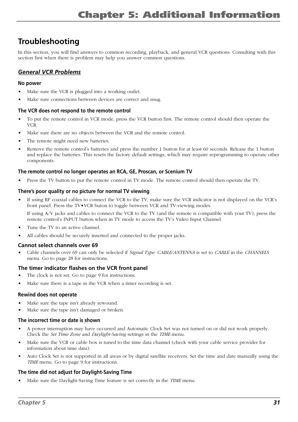 Troubleshooting, Chapter 5: additional information | RCA VR648HF User Manual | Page 31 / 42