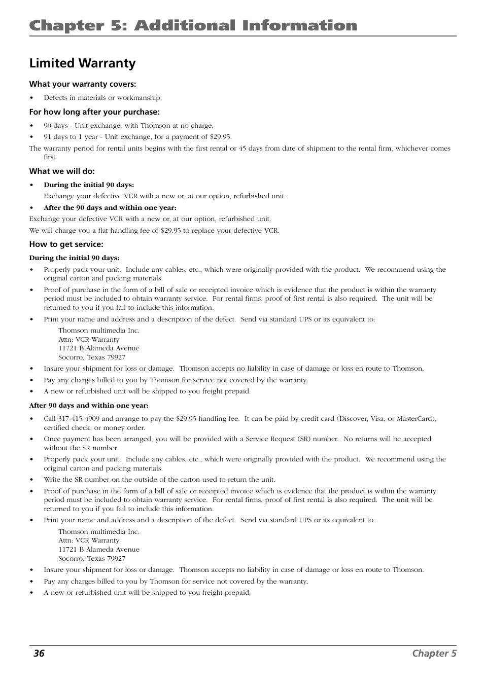 Limited warranty, Chapter 5: additional information, 36 chapter 5 | RCA VR648HF User Manual | Page 36 / 42