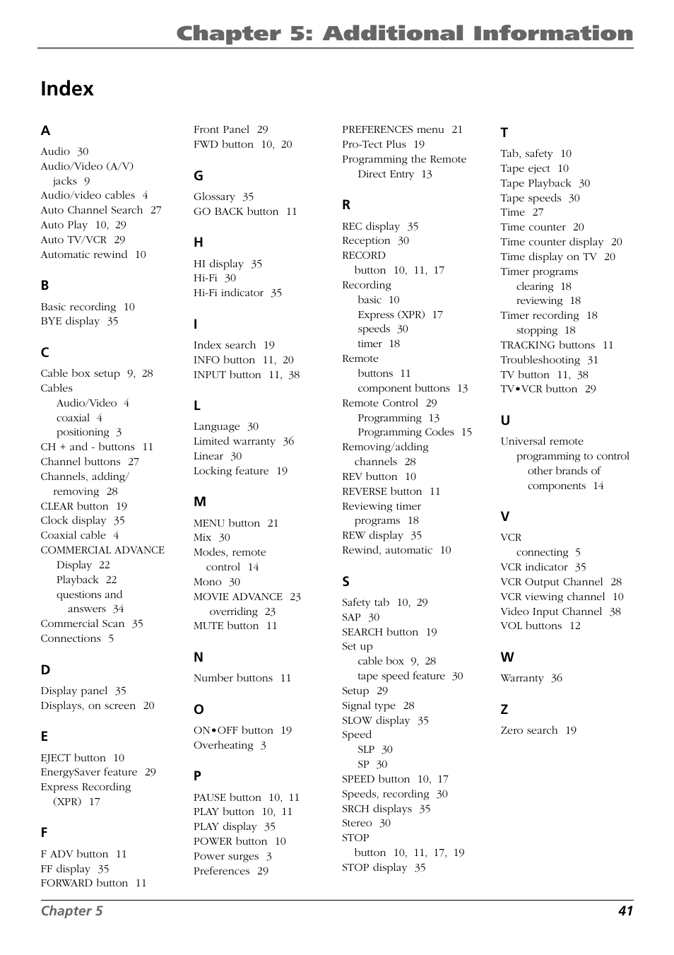 Index, Chapter 5: additional information index | RCA VR648HF User Manual | Page 41 / 42