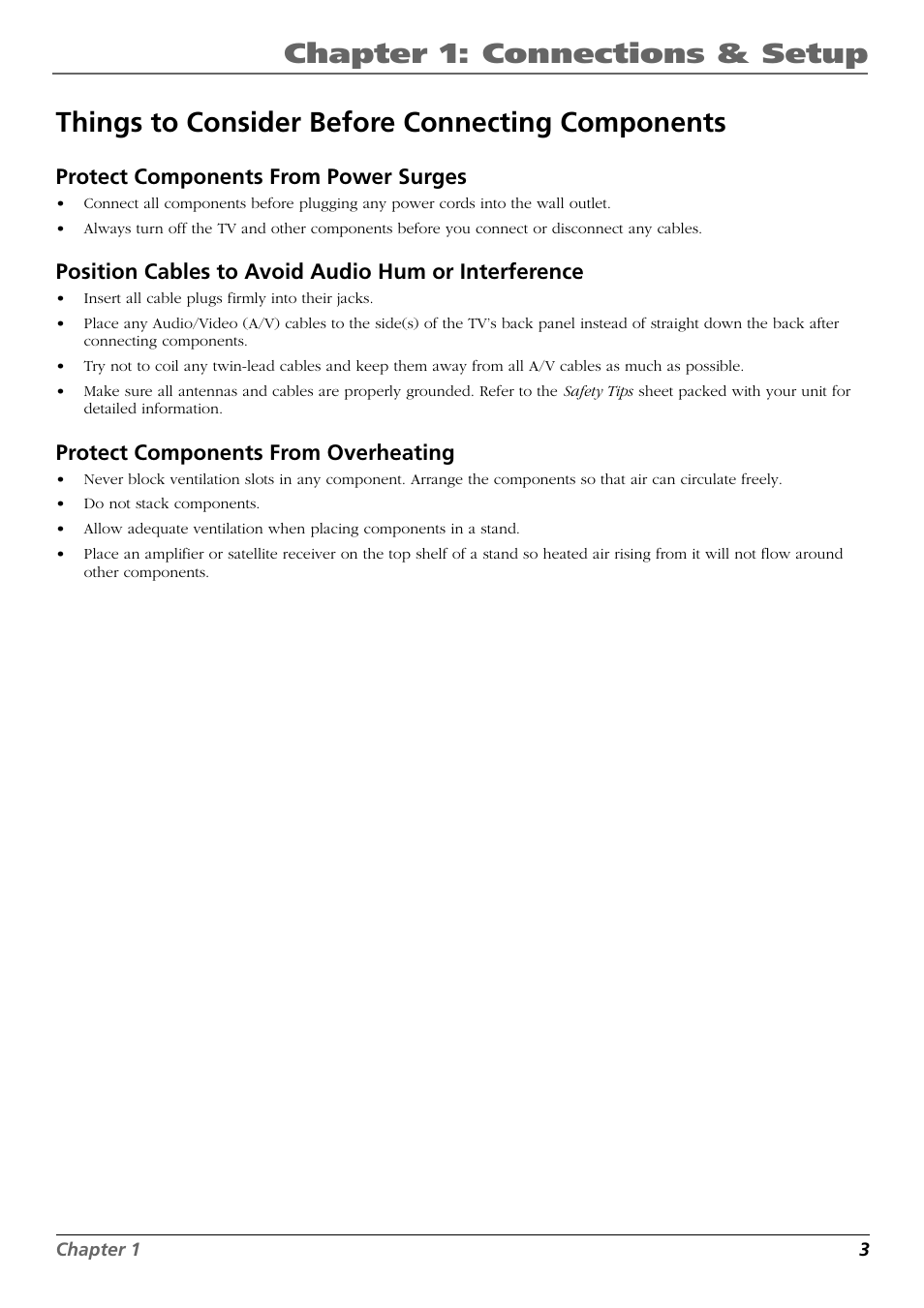 Things to consider before connecting components, Chapter 1: connections & setup, Protect components from power surges | Position cables to avoid audio hum or interference, Protect components from overheating | RCA VR648HF User Manual | Page 5 / 42