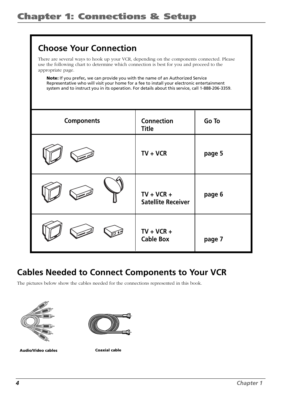 Cables needed to connect components to your vcr, Choose your connection, Chapter 1: connections & setup | RCA VR648HF User Manual | Page 6 / 42