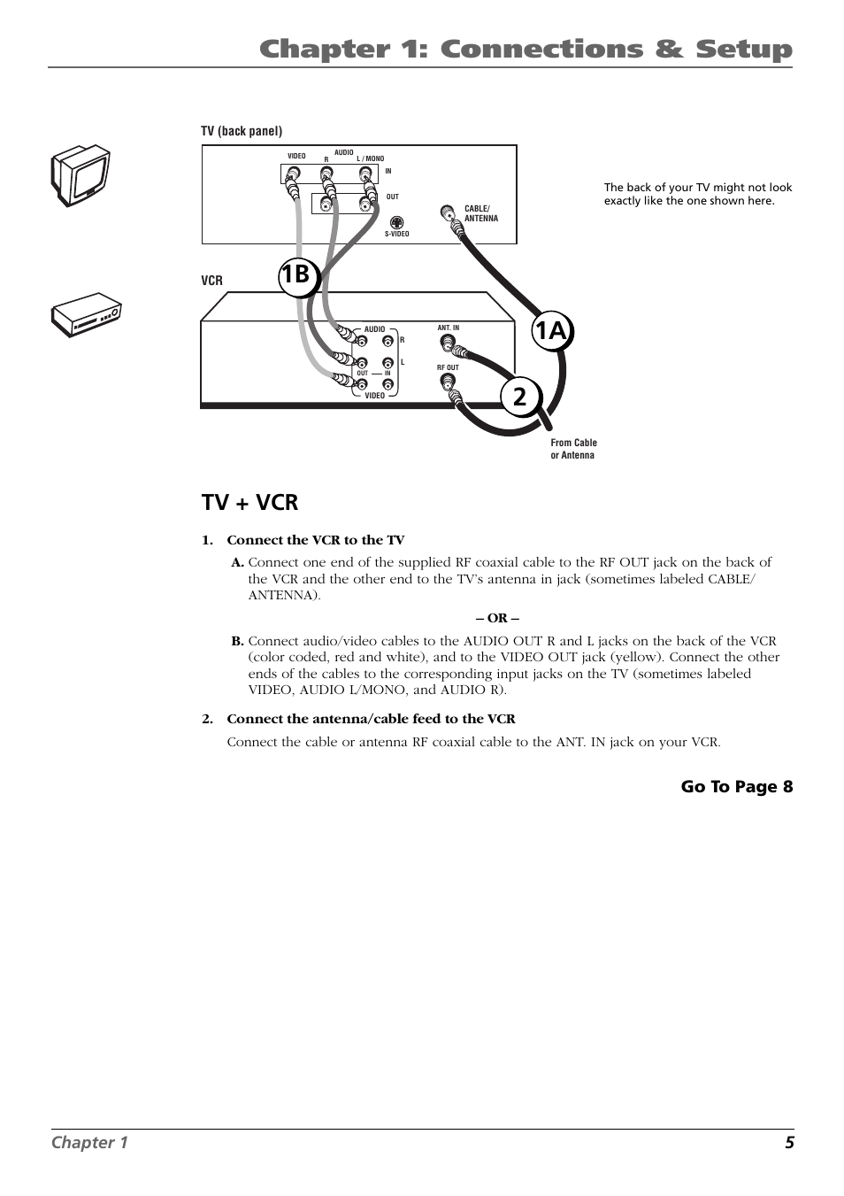 Tv + vcr, Chapter 1: connections & setup, Chapter 1 5 | Go to page 8 | RCA VR648HF User Manual | Page 7 / 42