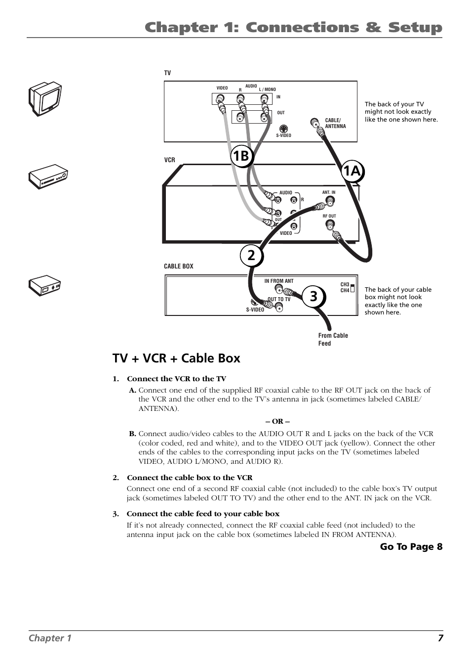 Tv + vcr + cable box, Chapter 1: connections & setup, 1b 1a | Chapter 1 7, Go to page 8 | RCA VR648HF User Manual | Page 9 / 42