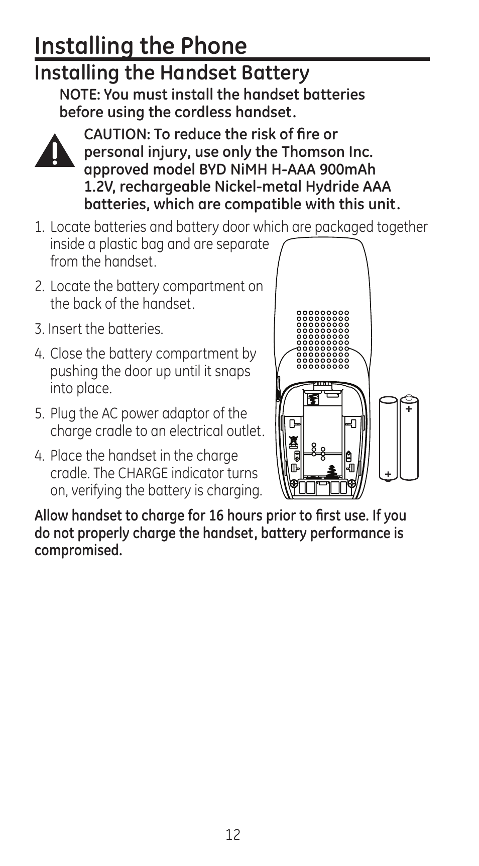 Installing the phone, Installing the handset battery | RCA 28310 User Manual | Page 12 / 58
