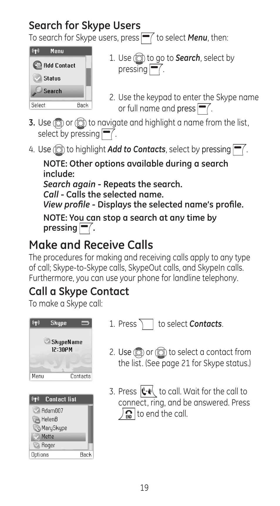 Make and receive calls, Search for skype users, Call a skype contact | RCA 28310 User Manual | Page 19 / 58
