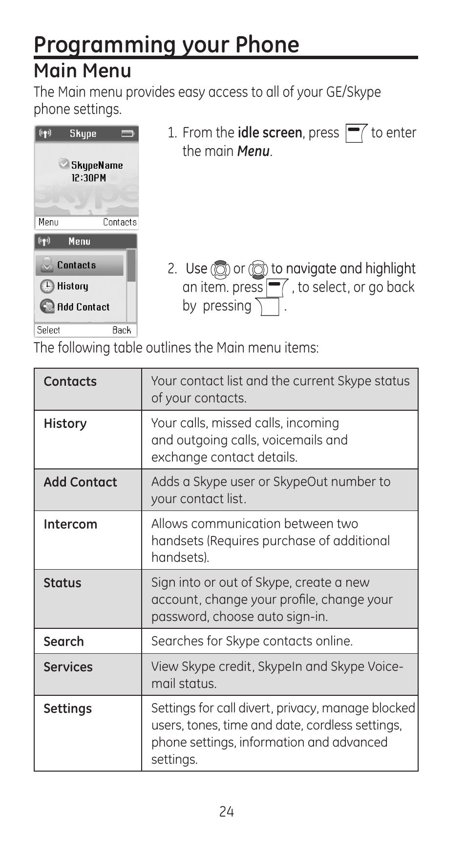 Programming your phone, Main menu | RCA 28310 User Manual | Page 24 / 58