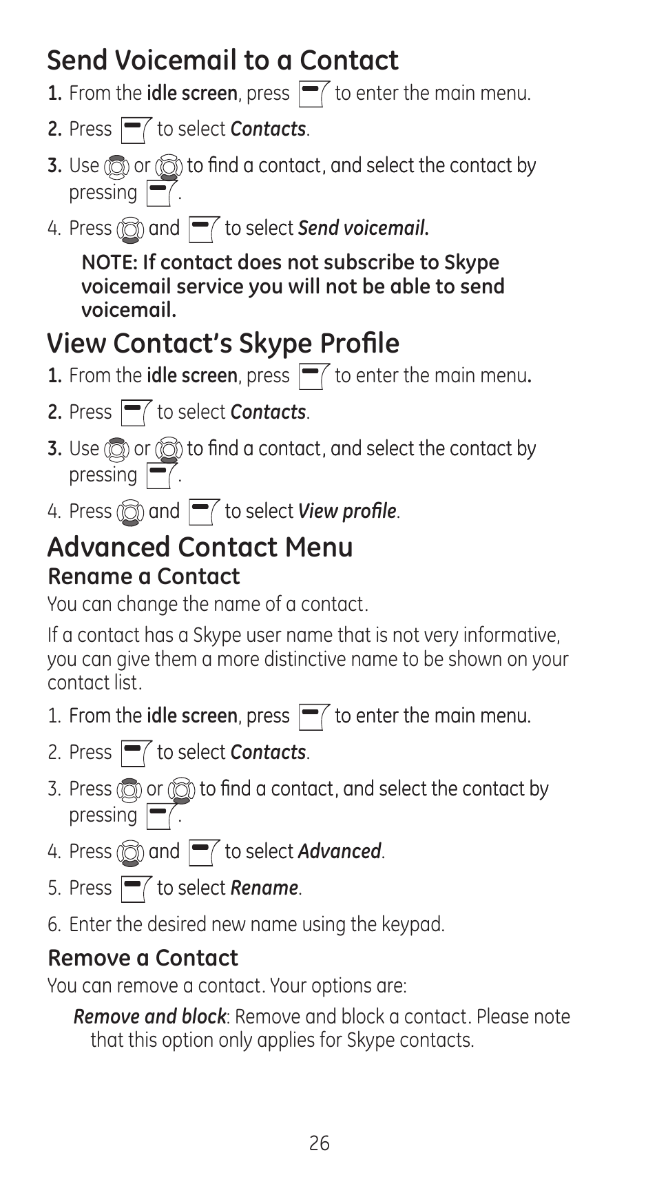 Send voicemail to a contact, View contact’s skype profile, Advanced contact menu | RCA 28310 User Manual | Page 26 / 58