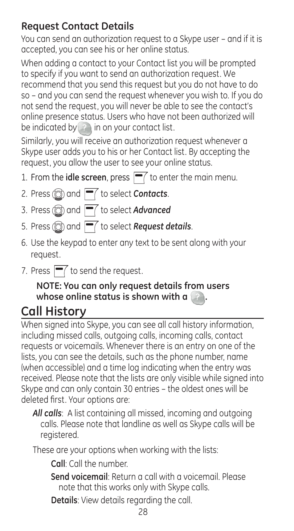 Call history | RCA 28310 User Manual | Page 28 / 58