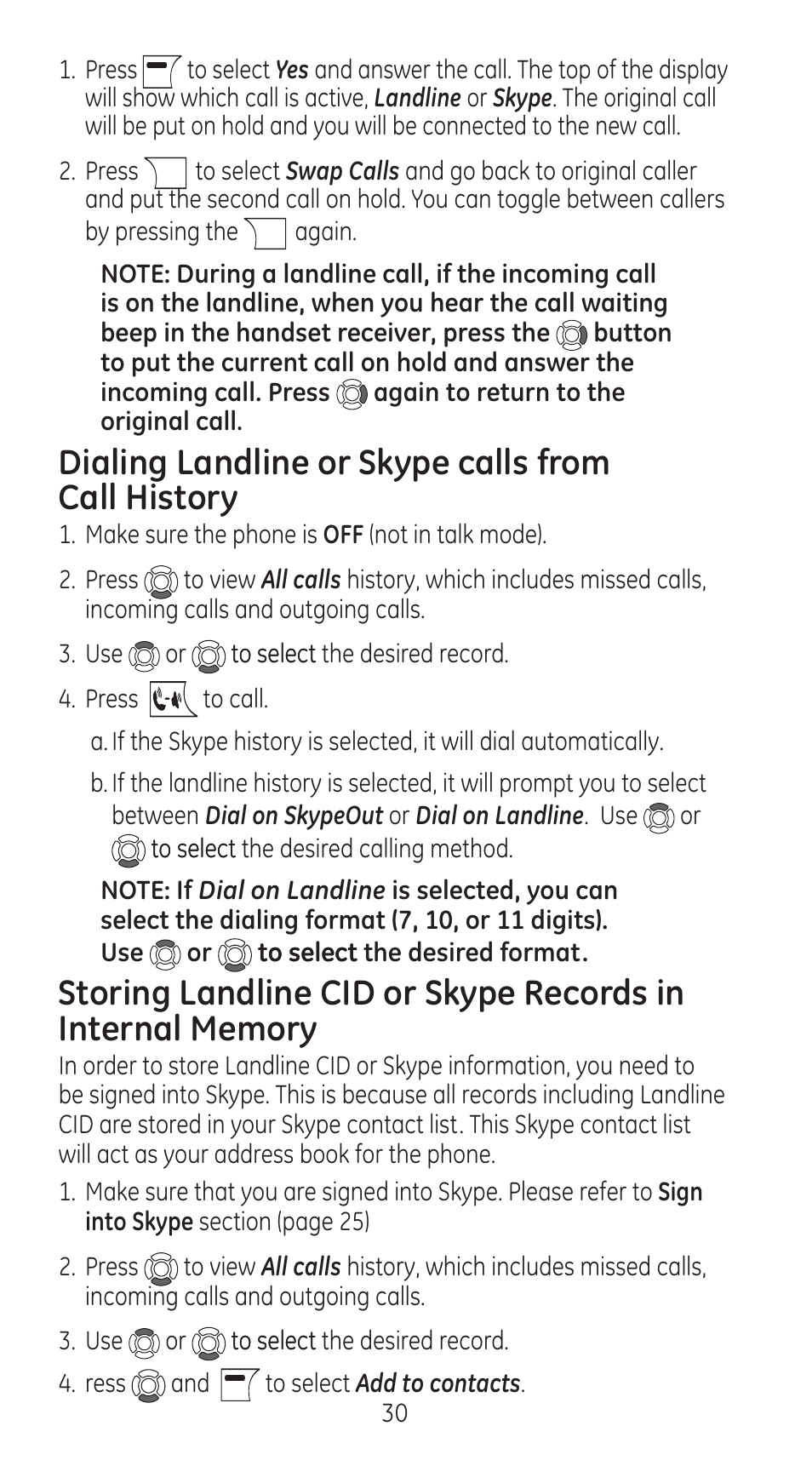 Dialing landline or skype calls from call history | RCA 28310 User Manual | Page 30 / 58