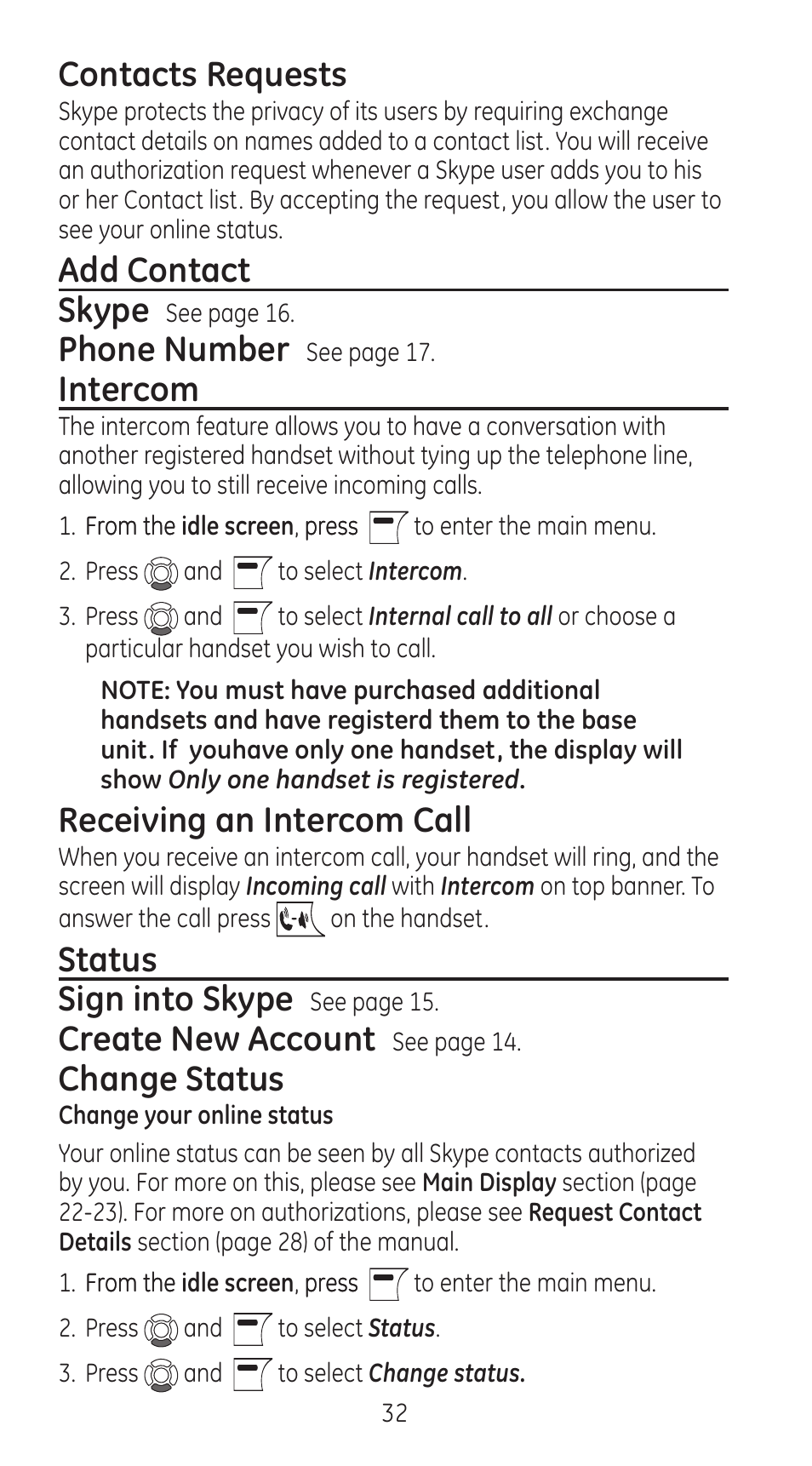 Contacts requests, Add contact skype, Phone number | Intercom, Receiving an intercom call, Status sign into skype, Create new account, Change status | RCA 28310 User Manual | Page 32 / 58