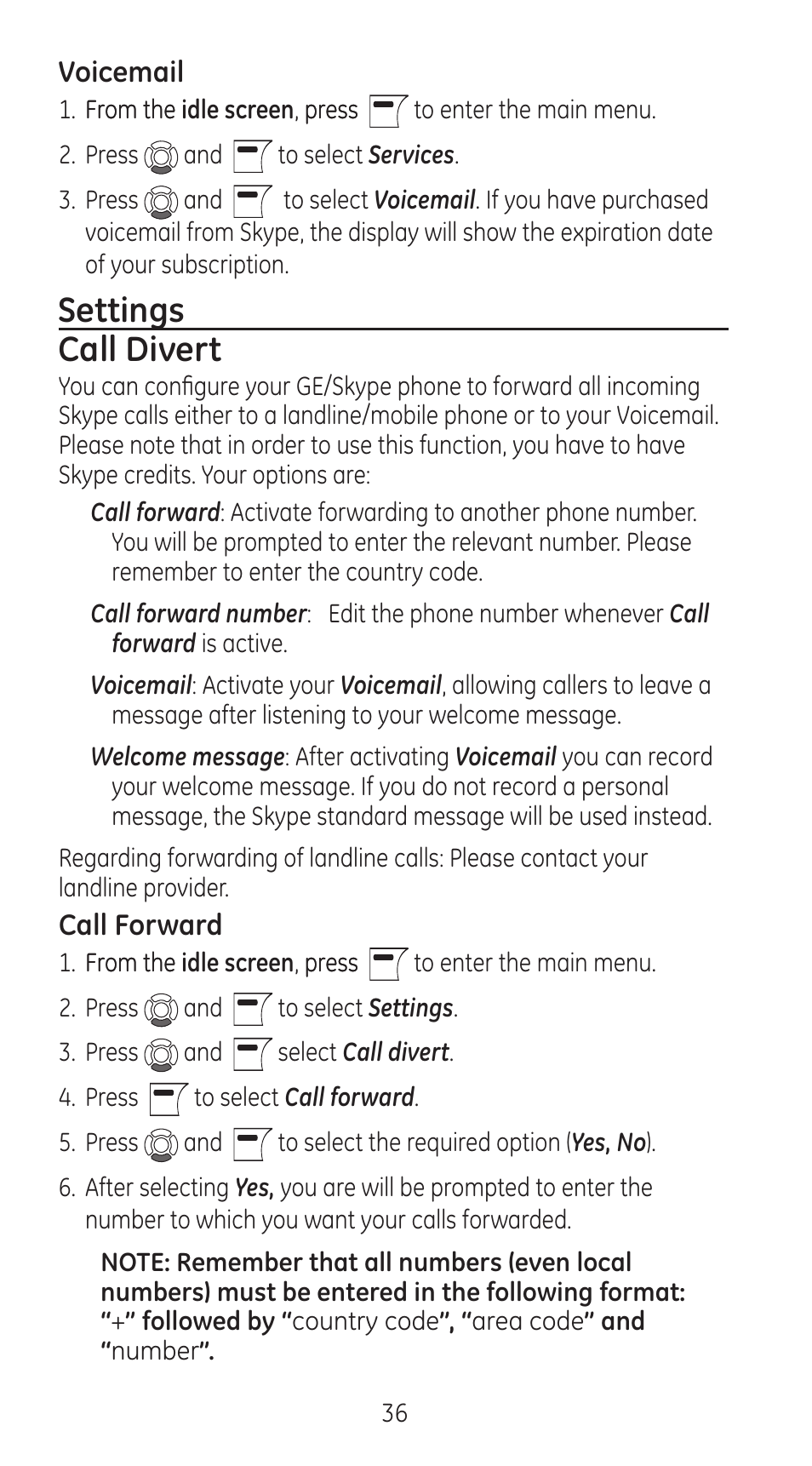 Settings call divert | RCA 28310 User Manual | Page 36 / 58