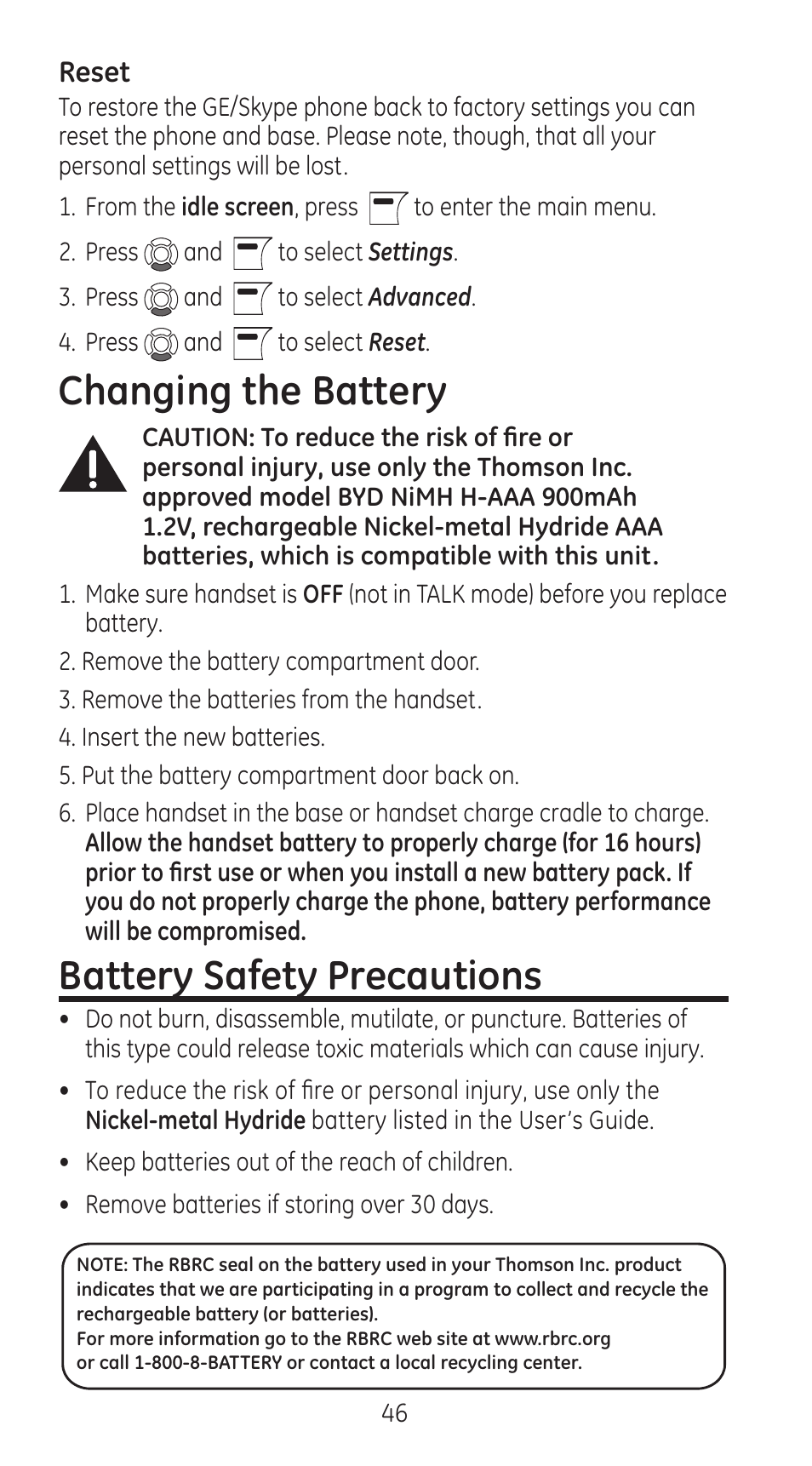 Changing the battery, Battery safety precautions | RCA 28310 User Manual | Page 46 / 58