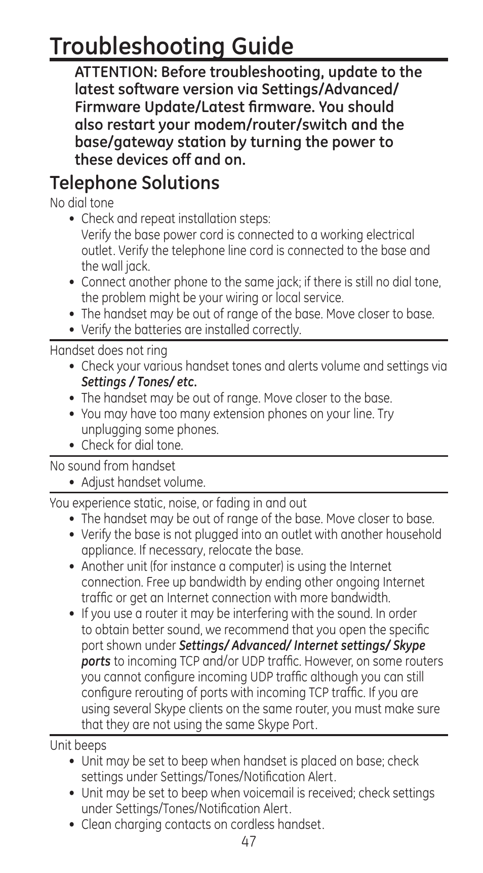 Troubleshooting guide, Telephone solutions | RCA 28310 User Manual | Page 47 / 58