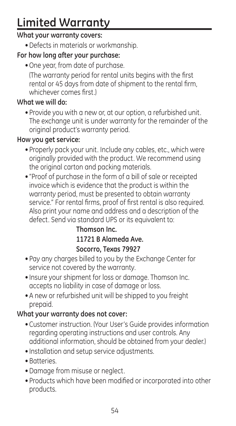 Limited warranty | RCA 28310 User Manual | Page 54 / 58