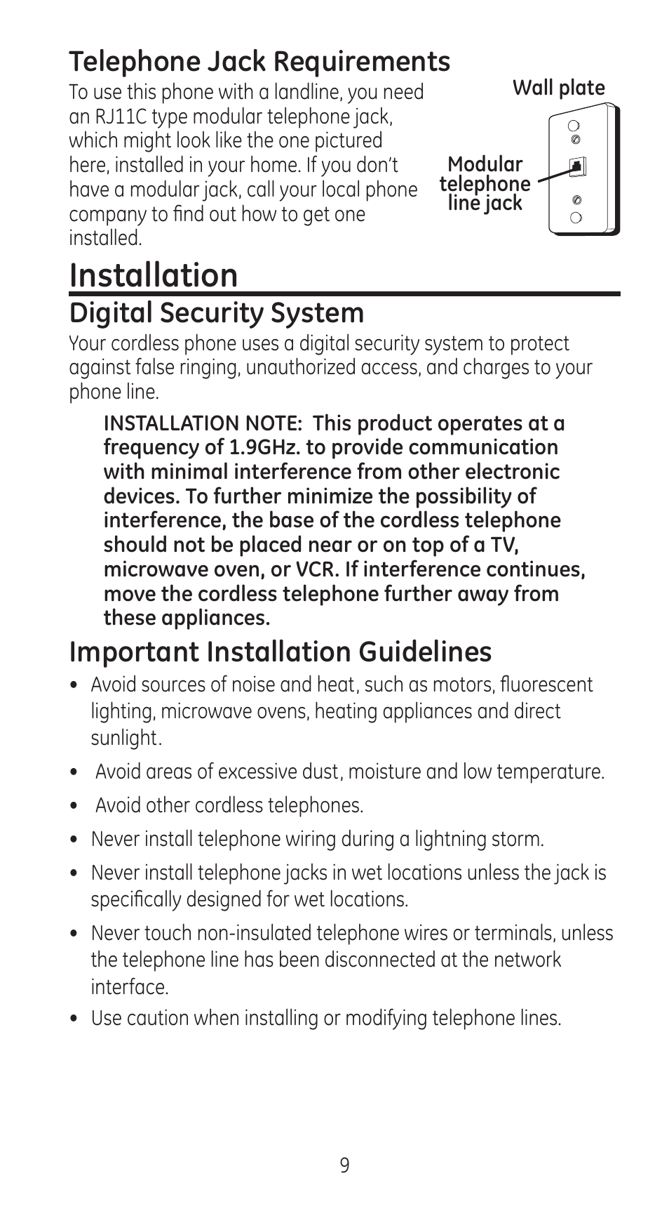 Installation, Telephone jack requirements, Digital security system | Important installation guidelines | RCA 28310 User Manual | Page 9 / 58