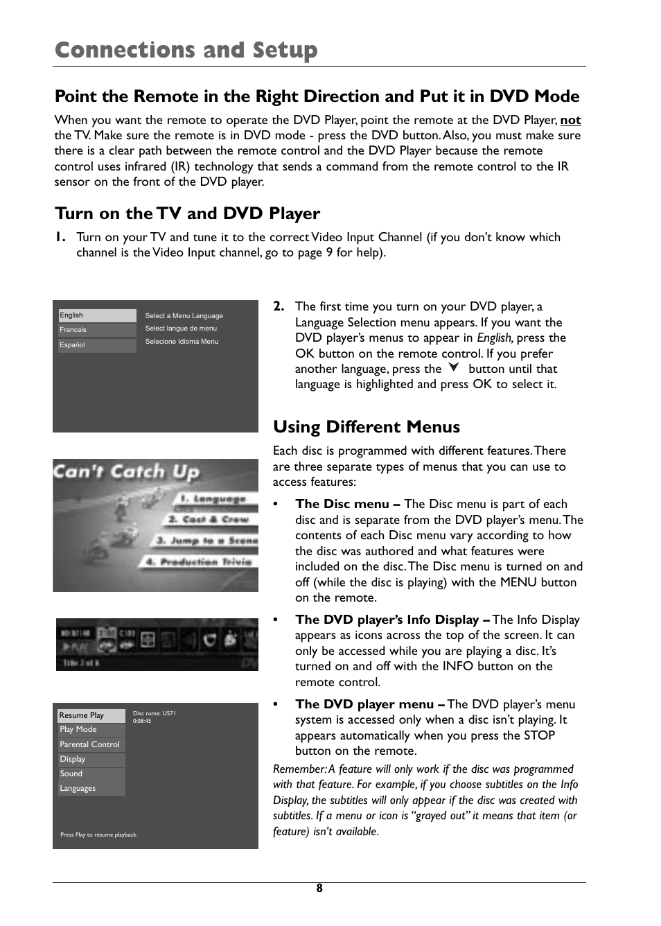 Connections and setup, Using different menus, Turn on the tv and dvd player | RCA DRC310N User Manual | Page 10 / 44