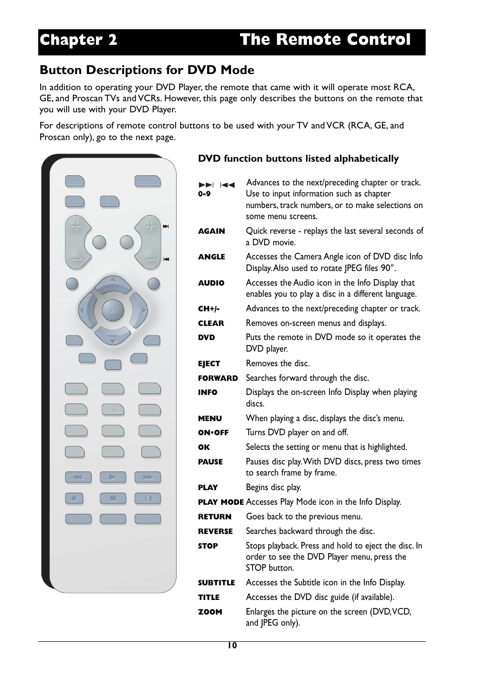 The remote control, Chapter 2, Button descriptions for dvd mode | Dvd function buttons listed alphabetically, Advances to the next/preceding chapter or track, Removes on-screen menus and displays, Removes the disc, Searches forward through the disc, When playing a disc, displays the disc’s menu, Turns dvd player on and off | RCA DRC310N User Manual | Page 12 / 44