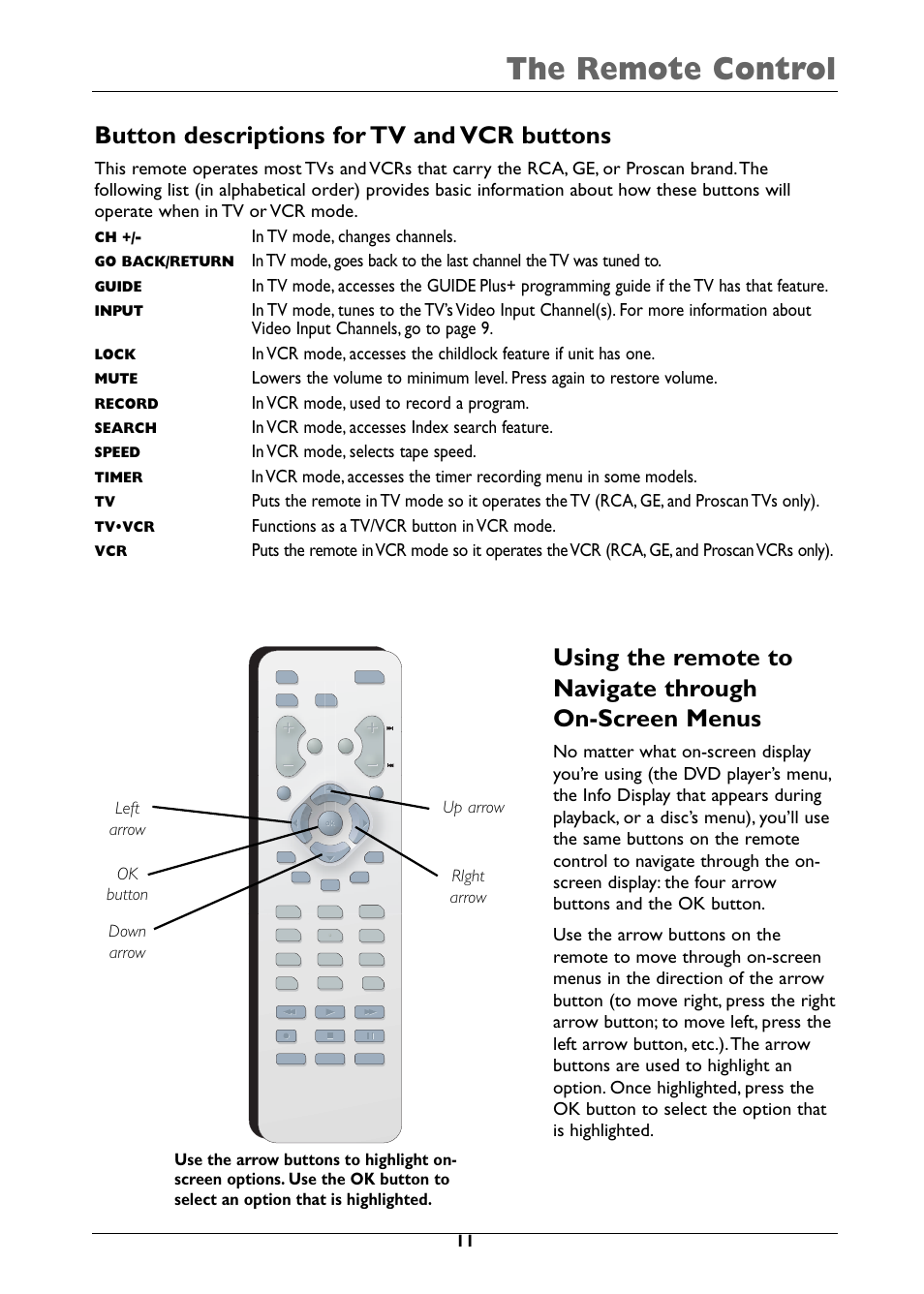 The remote control, Button descriptions for tv and vcr buttons, Functions as a tv/vcr button in vcr mode | RCA DRC310N User Manual | Page 13 / 44