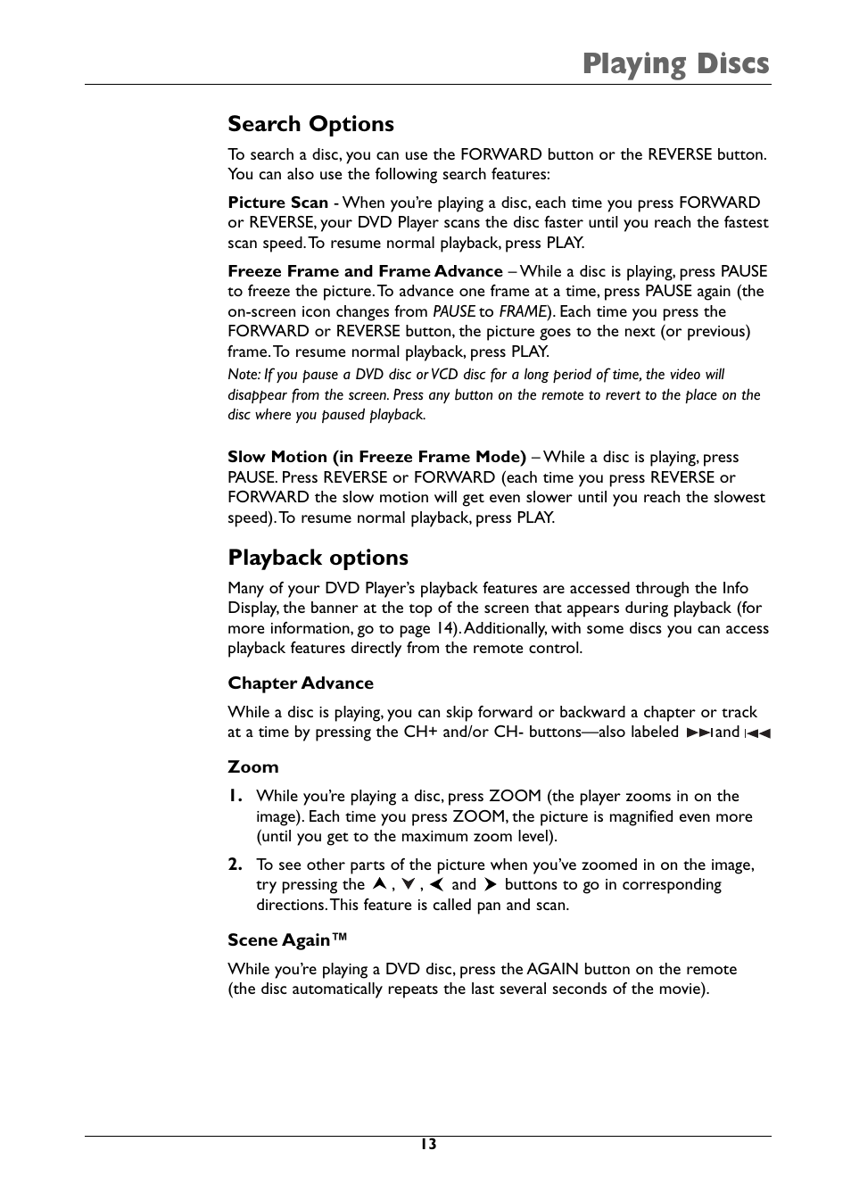 Playing discs, Search options, Playback options | RCA DRC310N User Manual | Page 15 / 44