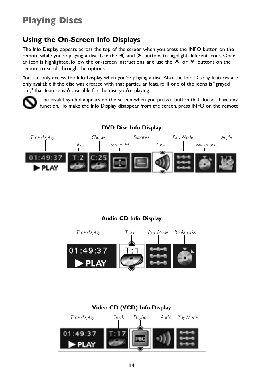 Playing discs, Using the on-screen info displays | RCA DRC310N User Manual | Page 16 / 44